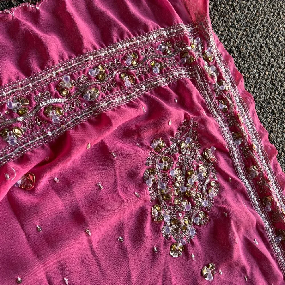 Elegant Pink Chiffon Sari with Clear Beads and Yellow Rhinestones - Picture 3 of 6